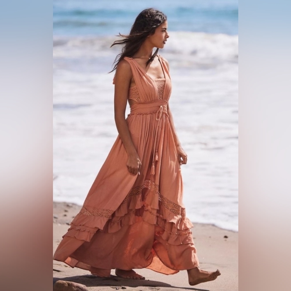 Free People Santa Maria Maxi Dress Lg Coppered Peach Ruffles Peasant Festival